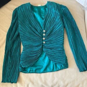 Vintage 80s Teal Pleated Long-Sleeve V-Neck Blazer/Top with Decorative Buttons
